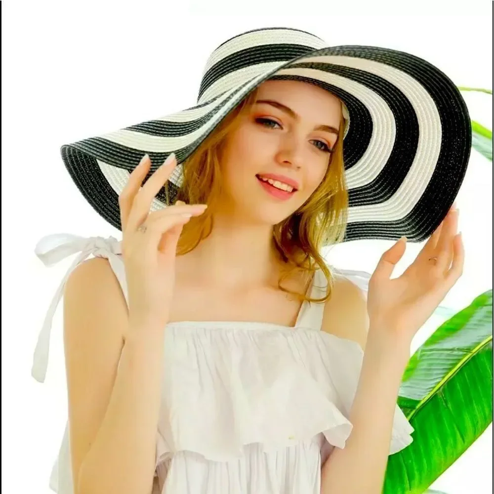 SUPER CHIC Striped Wide Brim UV Protection Summer Beach Sun Hat Adjustable